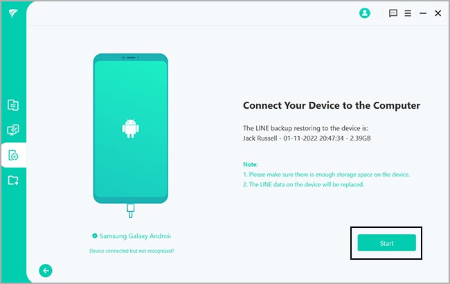 กดปุ่มเริ่มต้นเพื่อโอนบทสนทนา line จาก iphone ไปที่ android